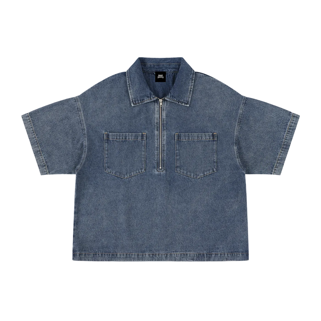 Unisex Vintage Wash Boxy Quarter-Zip Denim Shirt ODMPOD
