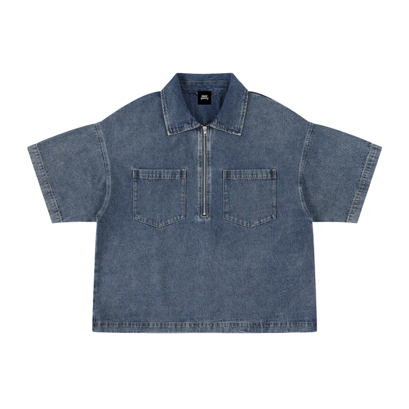 Unisex Vintage Wash Boxy Quarter-Zip Denim Shirt ODMPOD