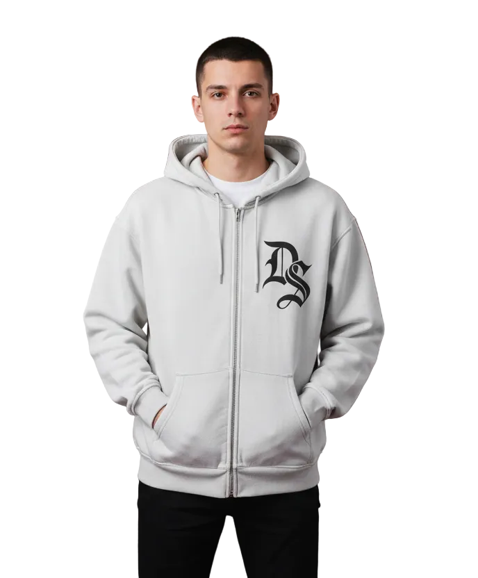 Drop Black Signature Initial Zip-Through Boxy Fleece Hoodie Drop Society