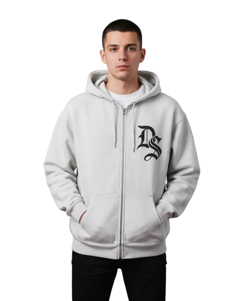 Drop Black Signature Initial Zip-Through Boxy Fleece Hoodie Drop Society