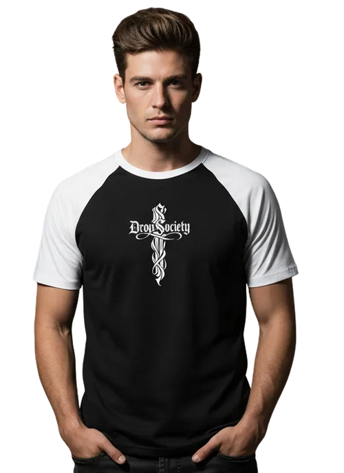 "Perfect Sinner" Signature Cross Contrast  Sleeve T-Shirt Drop Society